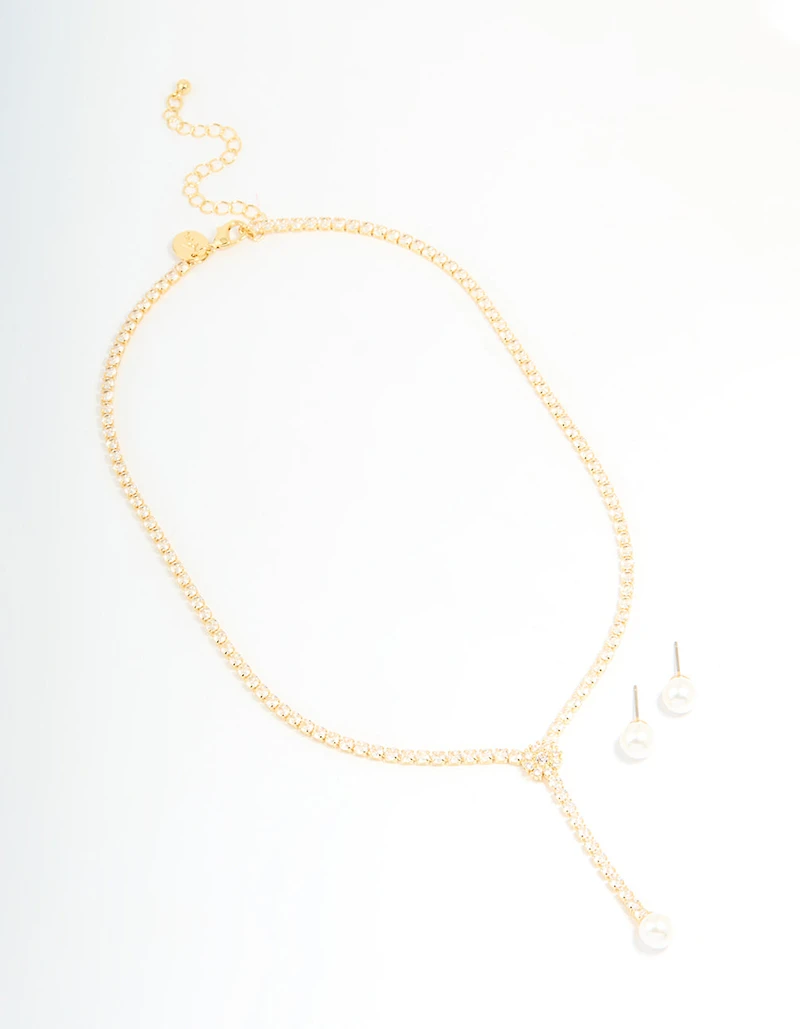Gold Plated Pearl Flower Cubic Zirconia Y-Necklace & Earrings Set