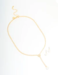 Gold Plated Pearl Flower Cubic Zirconia Y-Necklace & Earrings Set