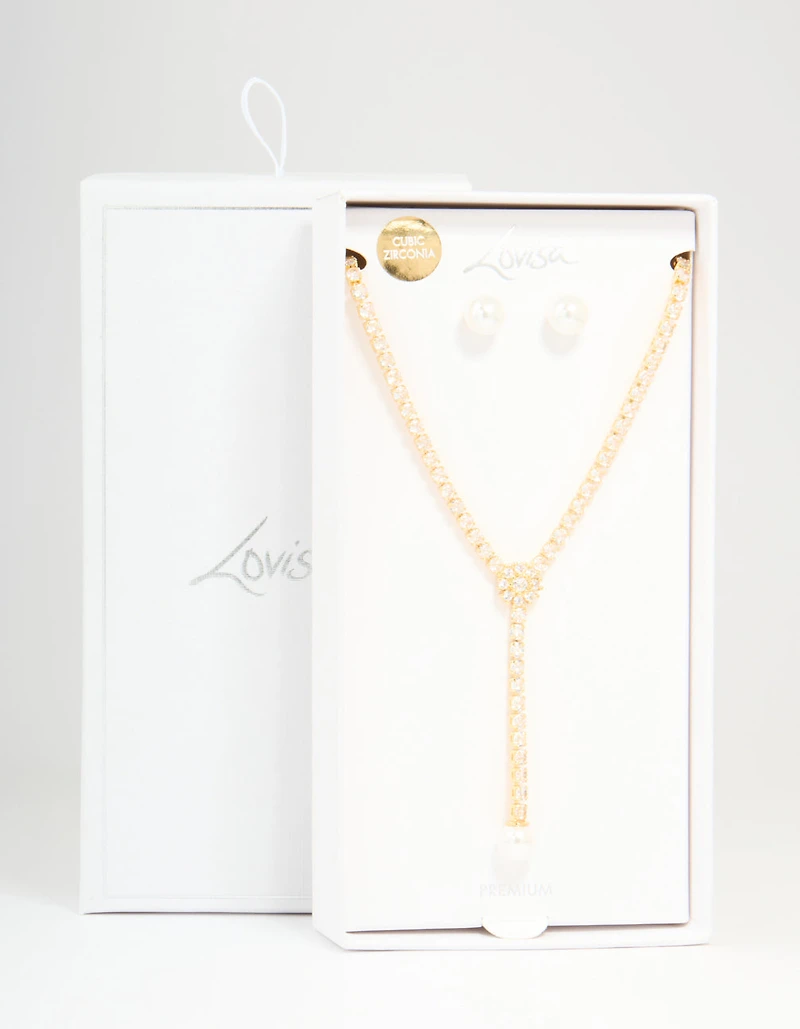 Gold Plated Pearl Flower Cubic Zirconia Y-Necklace & Earrings Set