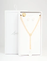 Gold Plated Pearl Flower Cubic Zirconia Y-Necklace & Earrings Set