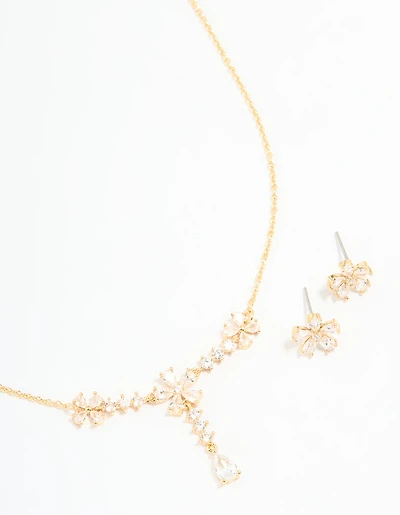Gold Plated Cubic Zirconia Flower Drop Necklace & Earrings Set