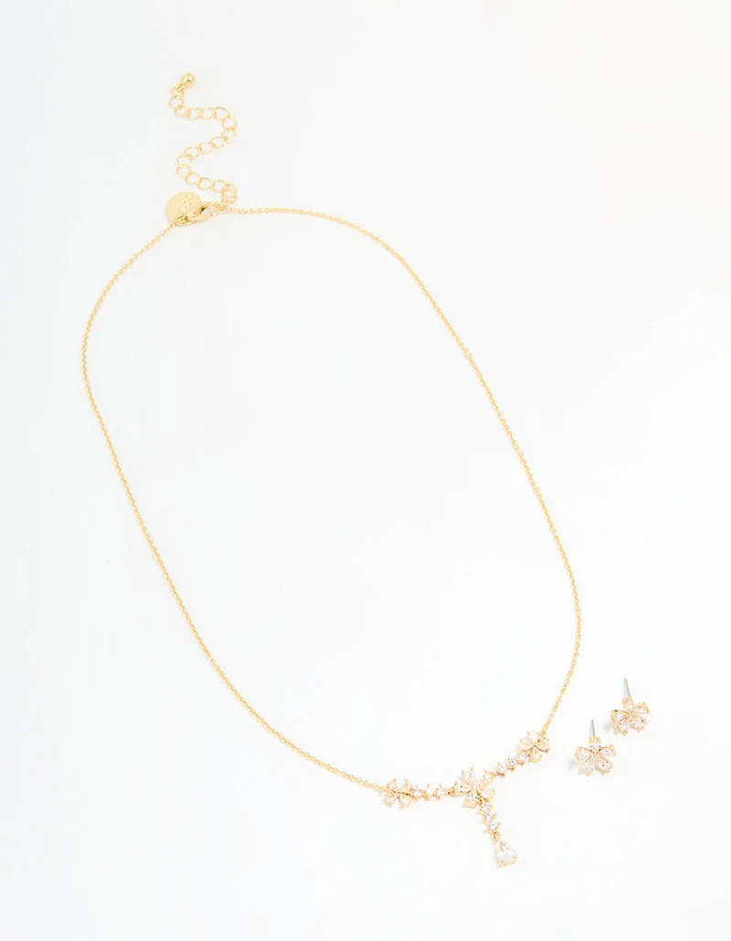 Gold Plated Cubic Zirconia Flower Drop Necklace & Earrings Set
