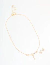 Gold Plated Cubic Zirconia Flower Drop Necklace & Earrings Set