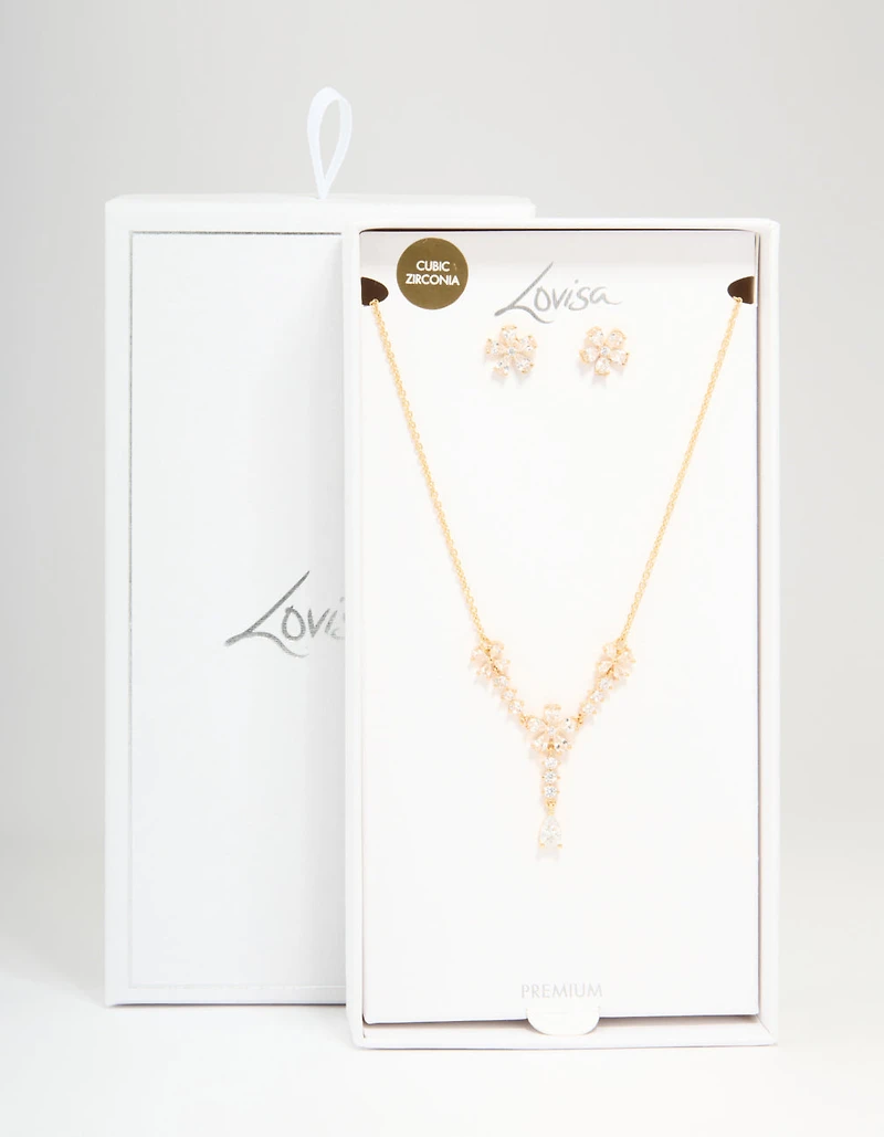 Gold Plated Cubic Zirconia Flower Drop Necklace & Earrings Set