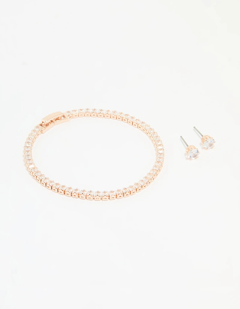 Rose Gold Plated Cubic Zirconia Tennis Bracelet & Earrings Set