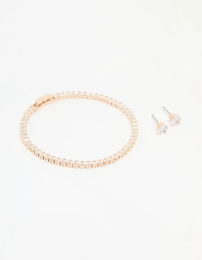 Rose Gold Plated Cubic Zirconia Tennis Bracelet & Earrings Set