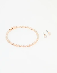 Rose Gold Plated Cubic Zirconia Tennis Bracelet & Earrings Set