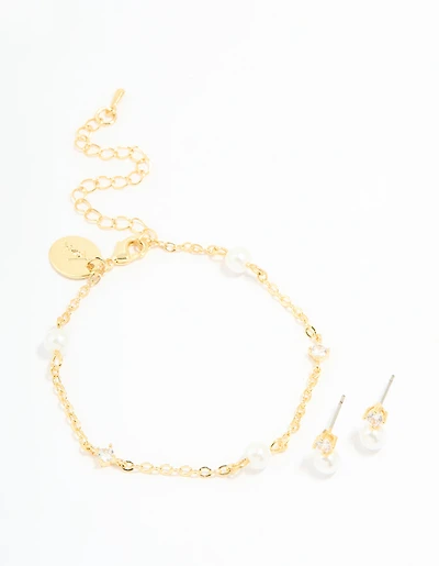 Gold Plated Cubic Zirconia Pearl Bracelet & Earrings Set