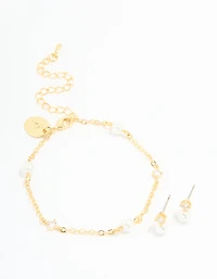 Gold Plated Cubic Zirconia Pearl Bracelet & Earrings Set