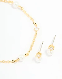 Gold Plated Cubic Zirconia Pearl Bracelet & Earrings Set