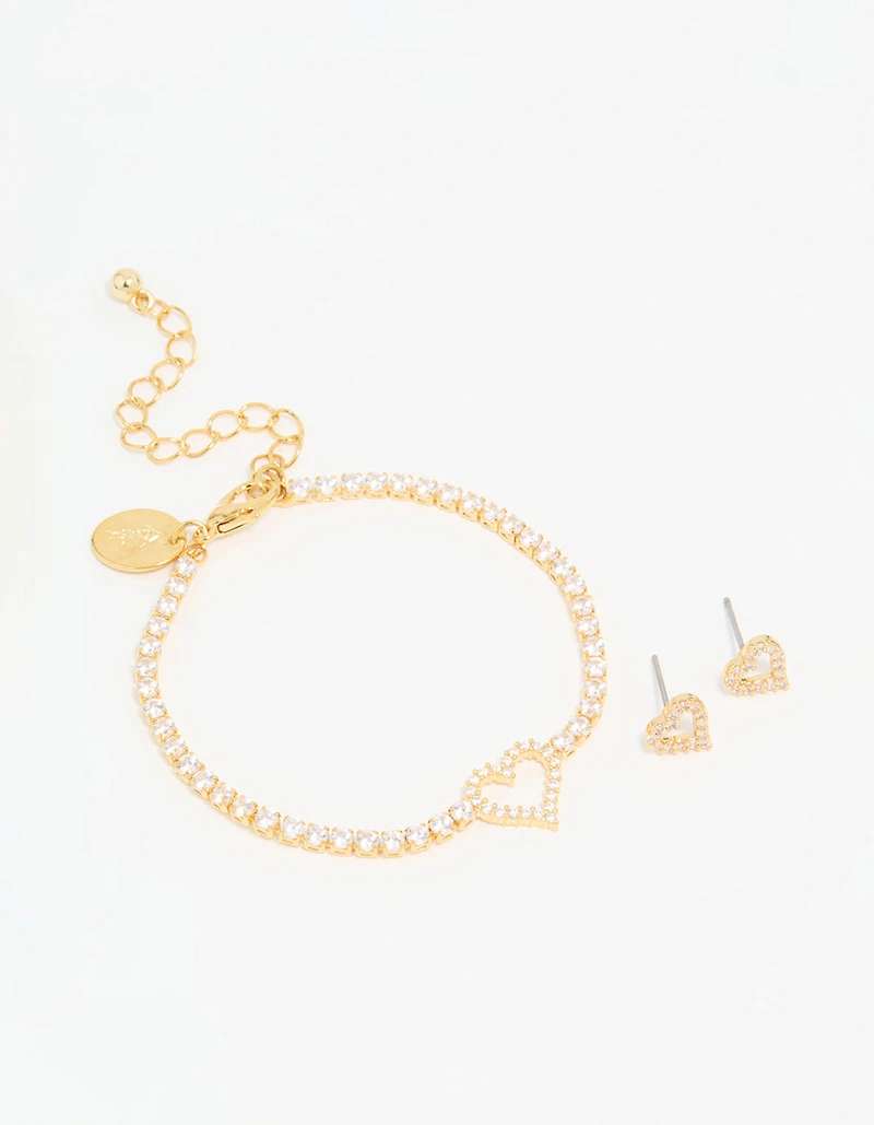 Gold Plated Cubic Zirconia Heart Outline Tennis Bracelet & Earrings Set