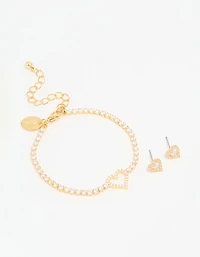 Gold Plated Cubic Zirconia Heart Outline Tennis Bracelet & Earrings Set