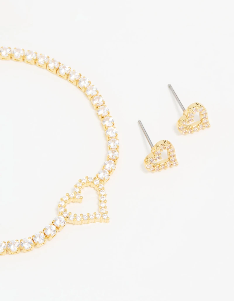 Gold Plated Cubic Zirconia Heart Outline Tennis Bracelet & Earrings Set