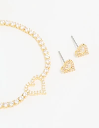 Gold Plated Cubic Zirconia Heart Outline Tennis Bracelet & Earrings Set