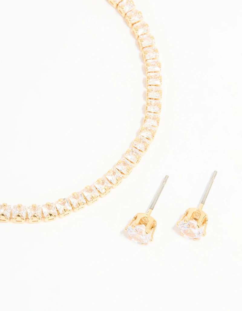Gold Plated Cubic Zirconia Tennis Bracelet & Earrings Set