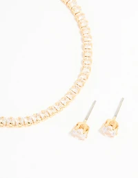 Gold Plated Cubic Zirconia Tennis Bracelet & Earrings Set