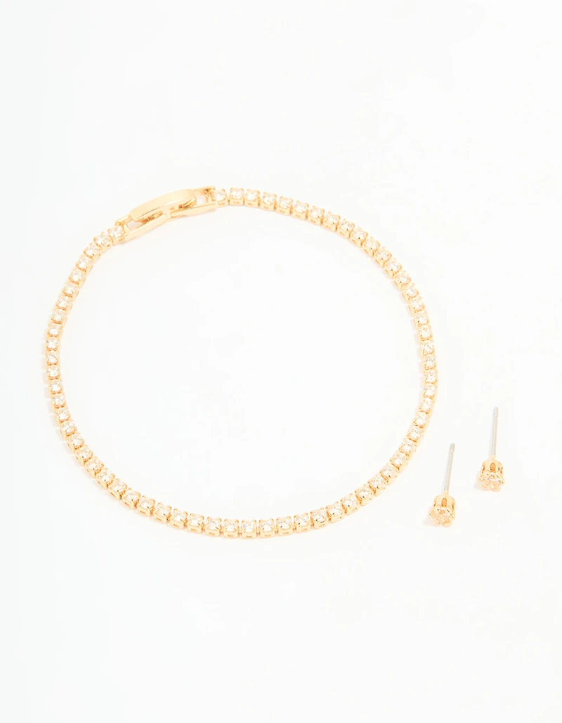 Gold Plated Cubic Zirconia Small Tennis Bracelet & Earrings Set