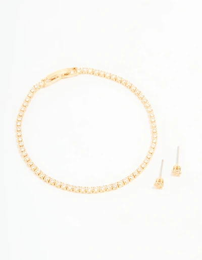 Gold Plated Cubic Zirconia Small Tennis Bracelet & Earrings Set