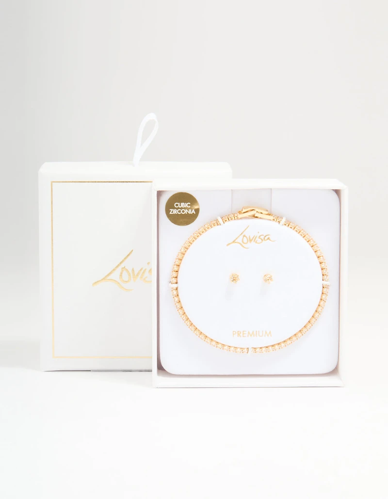 Gold Plated Cubic Zirconia Small Tennis Bracelet & Earrings Set