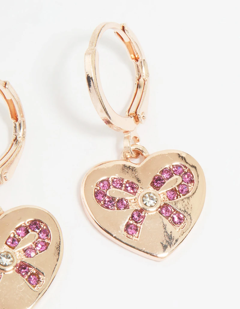 Rose Gold Heart Diamante Bow Huggie Earrings