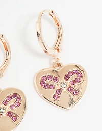 Rose Gold Heart Diamante Bow Huggie Earrings