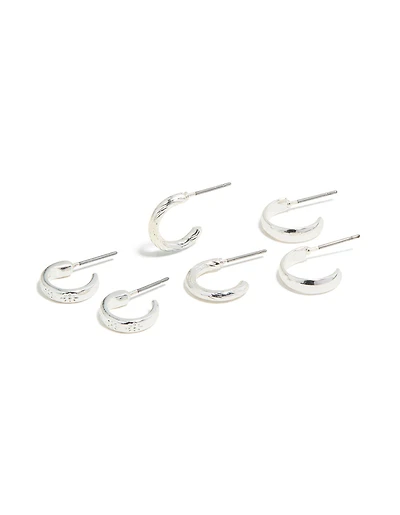 Silver Textured & Smooth Hoop Earrings 3-Pack