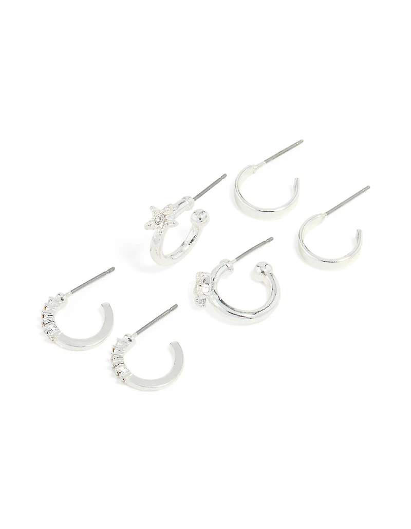 Silver Diamante Star & Smooth Hoop Earrings 3-Pack