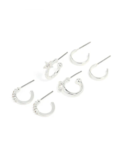 Silver Diamante Star & Smooth Hoop Earrings 3-Pack