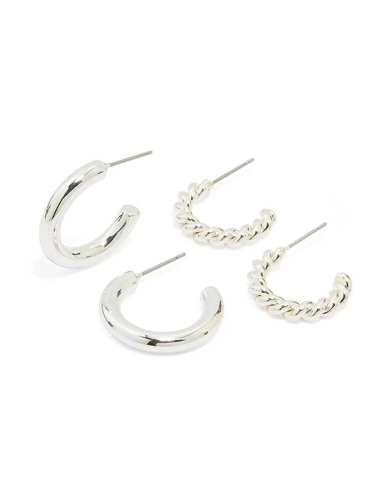 Silver Twisted & Smooth Hoop Earrings 2-Pack