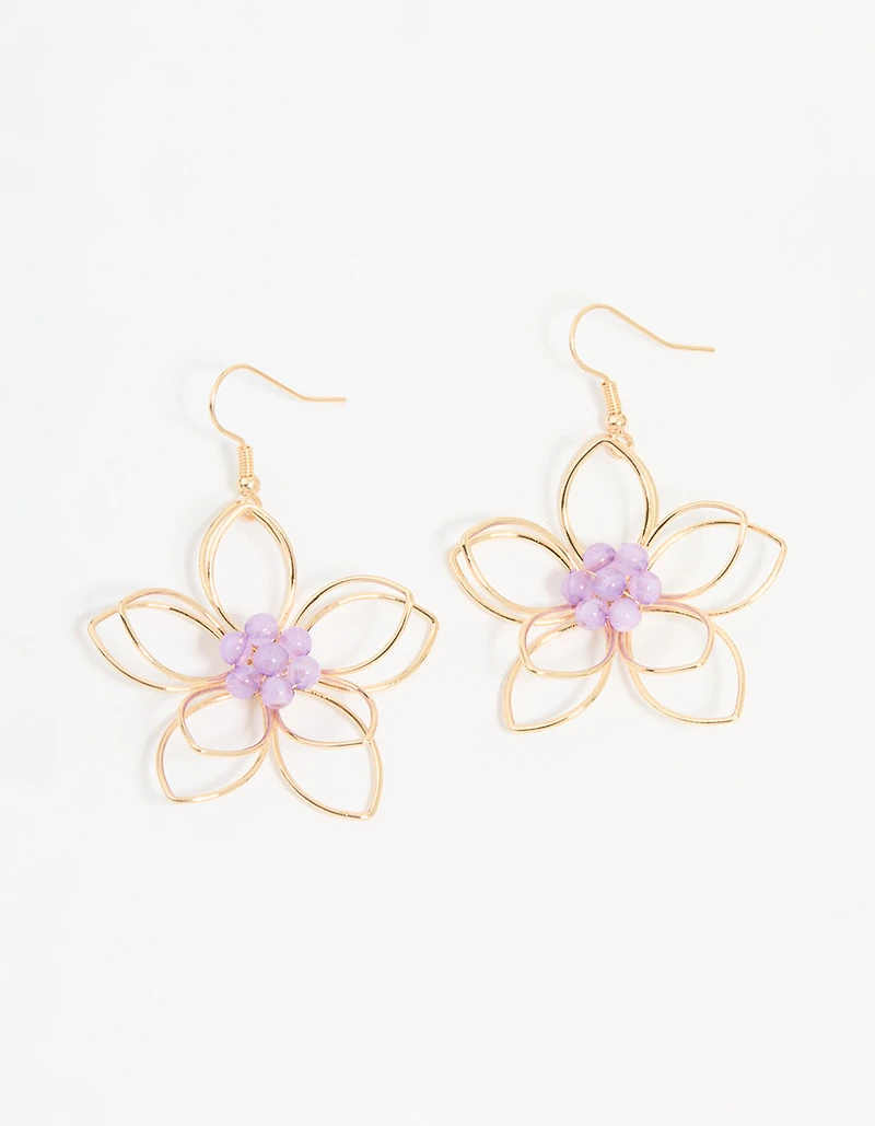 Rose Gold Purple Beaded 3D Flower Drop Earrings