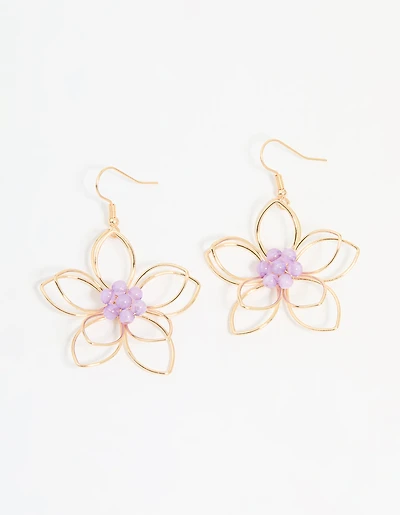 Rose Gold Purple Beaded 3D Flower Drop Earrings