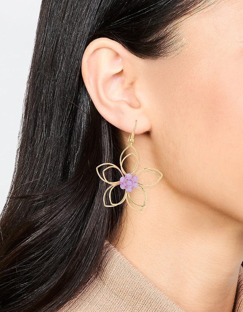 Boucles d’oreilles plongeantes 3D en fleur perlée rose or violet