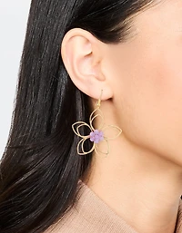 Boucles d’oreilles plongeantes 3D en fleur perlée rose or violet