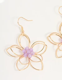 Rose Gold Purple Beaded 3D Flower Drop Earrings