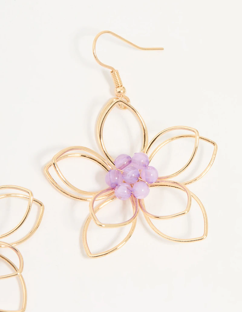 Rose Gold Purple Beaded 3D Flower Drop Earrings