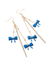Gold Blue Bow Chain Drop Earrings