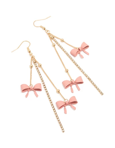 Gold Pink Bow Chain Drop Earrings