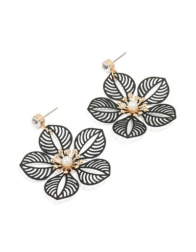 Gold Diamante Pearl Black Filigree Flower Drop Earrings