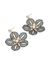 Gold Diamante Pearl Black Filigree Flower Drop Earrings