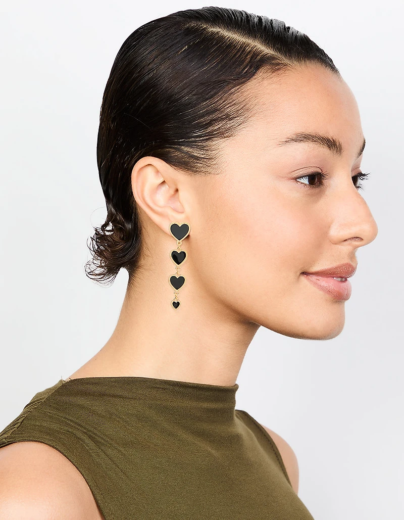 Gold Black Heart Tiered Drop Earrings