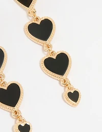 Gold Black Heart Tiered Drop Earrings