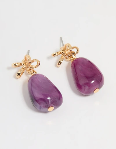 Gold Purple Stone & Bow Drop Earrings