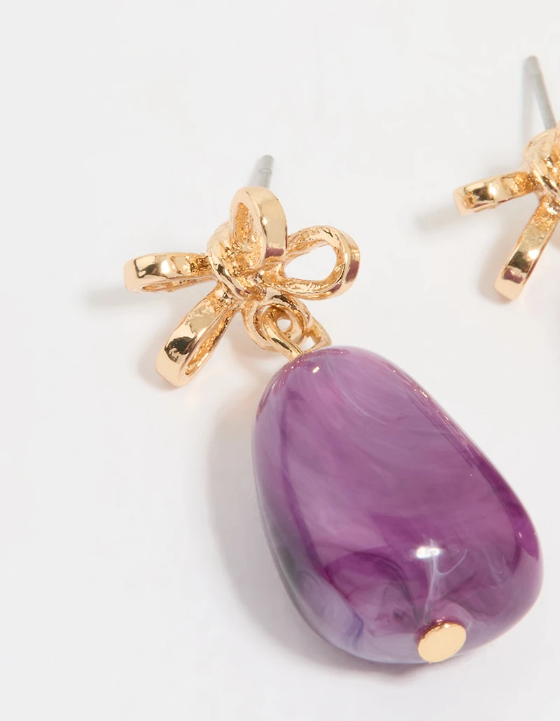 Gold Purple Stone & Bow Drop Earrings