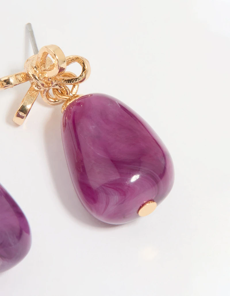 Gold Purple Stone & Bow Drop Earrings