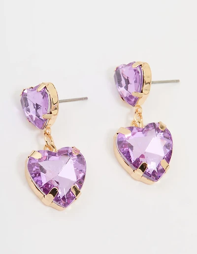 Gold Purple Diamante Heart Drop Earrings