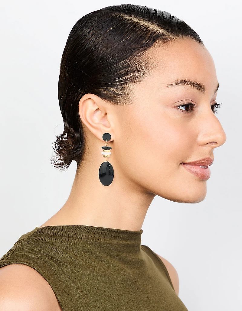Gold Black Beaded Drop Earrings