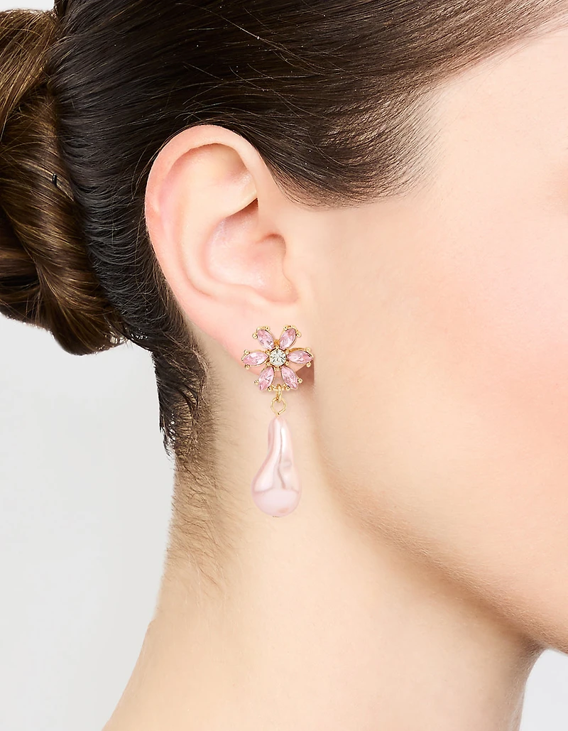 Gold Diamante & Pink Pearl Flower Drop Earrings
