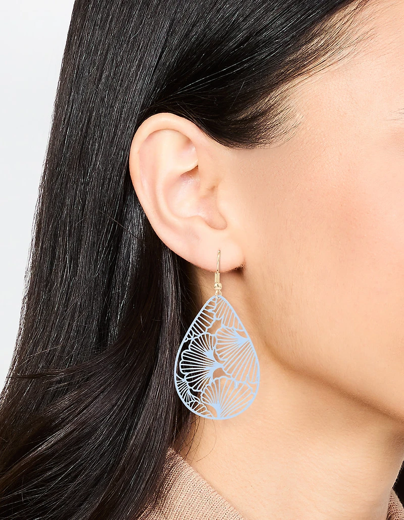 Gold Blue Filigree Pear Drop Earrings