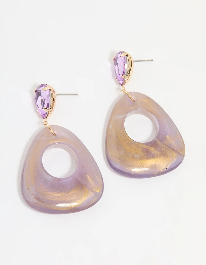 Gold Diamante Purple Acrylic Drop Earrings