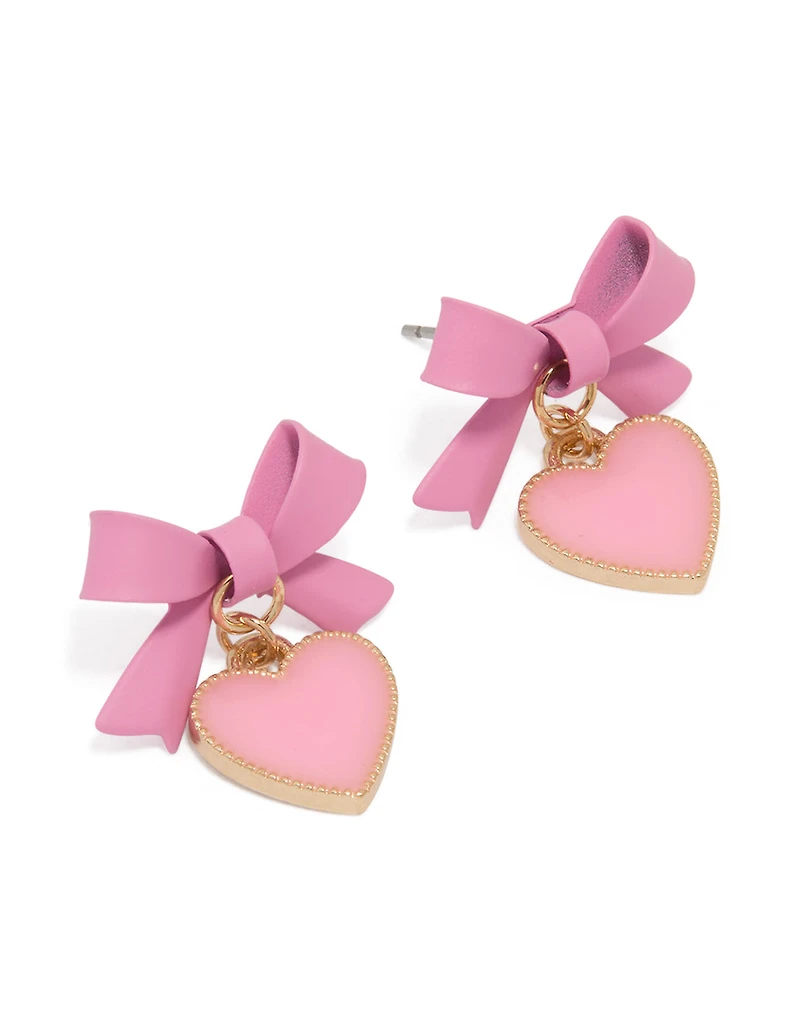 Gold Pink Coated Metal Bow Drop Heart Stud Earrings